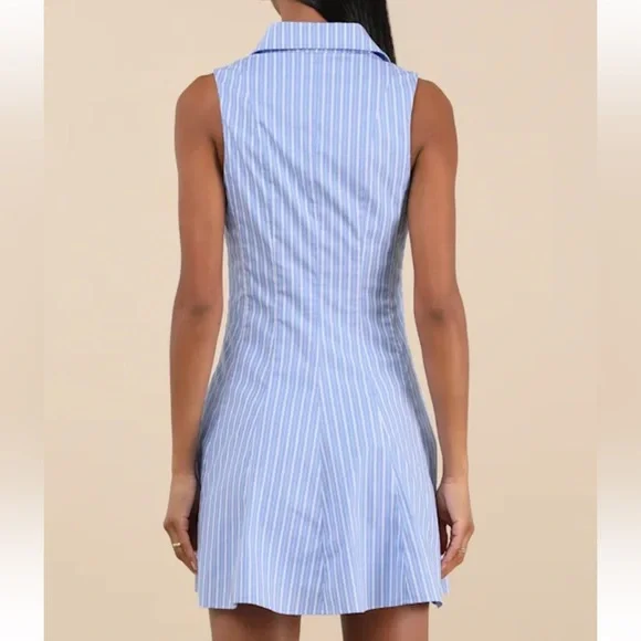 Lulus blue striped collared skater mini dress. Size large - Picture 3 of 5